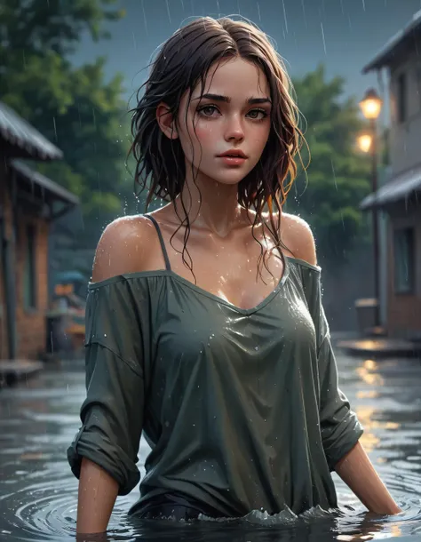 digital art, beauty, loose top, heavy rain, wet hair, in deep water, cartoon style