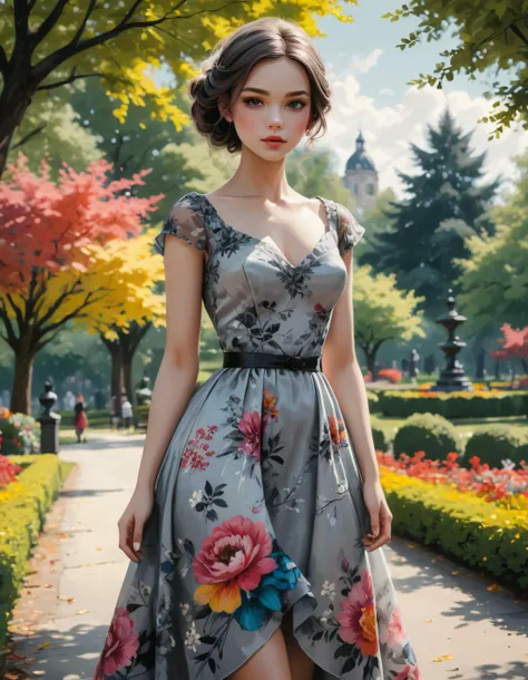 digital art, painting of a beautiful woman with with an elegant (greyscale dress) in a (colorful park), doll style, ink outlines