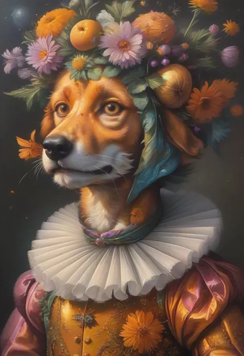 whimsical Foxhound made of galactic dust, marigold theme, intricate details, ultra sharp, glowing, retro space disco with holographic dance floor <lora:tbh108-sdxl:0.8> style of Giuseppe Arcimboldo