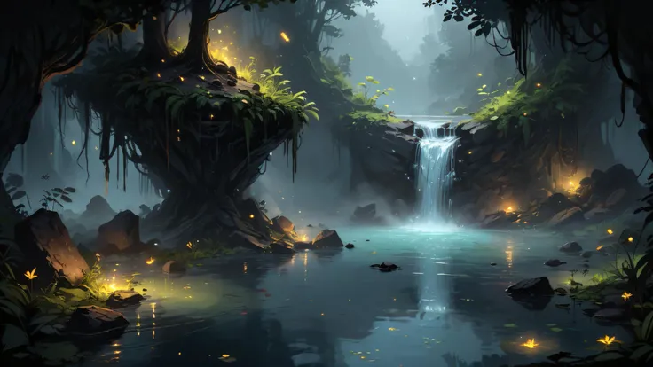 digital art, a secret lake hidden in the jungle, rocks, waterfall, crystal clear water, dark horror vibes, fireflies, dense fog, cartoon style