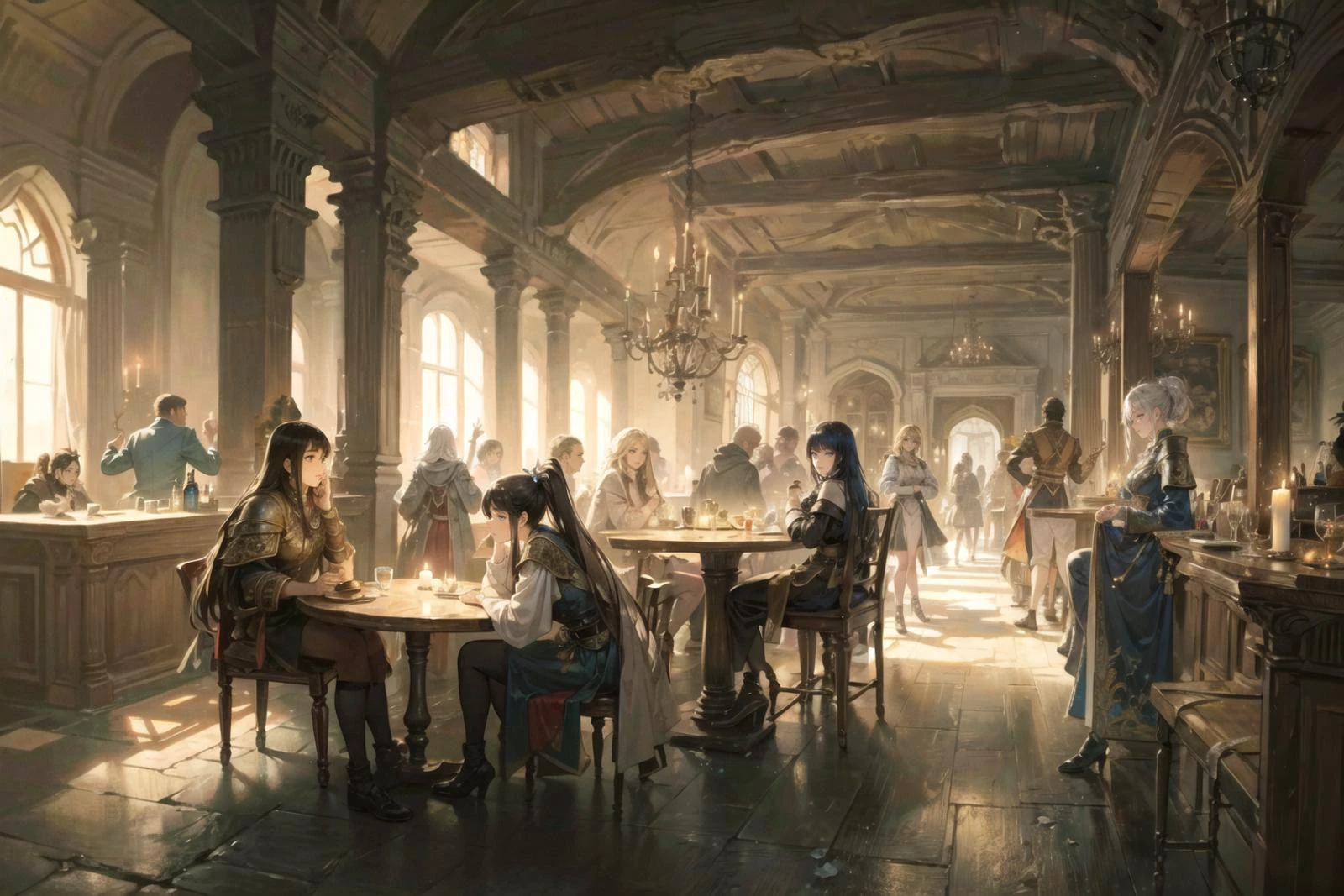 masterpiece,best quality,ultra-detailed,hallyu, in the dark,8k, (detailed and structured pattern),a group of adventurers sitting together at a long table in a medieval tavern, round tables, chairs, candles, a steadfast and audacious female warrior captivates with her luminous light blue glowing eyes. Draped in an intricately crafted armor adorned with opulent icy gem stones, smoke in the air, bar, fireplace, stairs leading up, shields on the wall, ((perfect hands)), perfect faces, FanTav, <lora:FantasyTavern:0.7>, epiCPhoto<lora:tareme_gen2:-0.7>, <lora:0a0a-gka26:-0.5>,(stink eye:0.5), <lora:AS_fantsyMIX73A:1>,