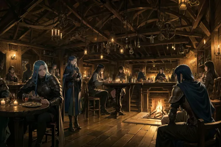 masterpiece,best quality,ultra-detailed,hallyu, in the dark,8k, (detailed and structured pattern),a group of adventurers sitting together at a long table in a medieval tavern, round tables, chairs, candles, a steadfast and audacious female warrior captivates with her luminous light blue glowing eyes. Draped in an intricately crafted armor adorned with opulent icy gem stones, smoke in the air, bar, fireplace, stairs leading up, shields on the wall, ((perfect hands)), perfect faces, FanTav, <lora:FantasyTavern:0.7>, epiCPhoto<lora:tareme_gen2:-0.7>, <lora:0a0a-gka26:-0.5>,(stink eye:0.5), <lora:AS_fantsyMIX73A:1>,