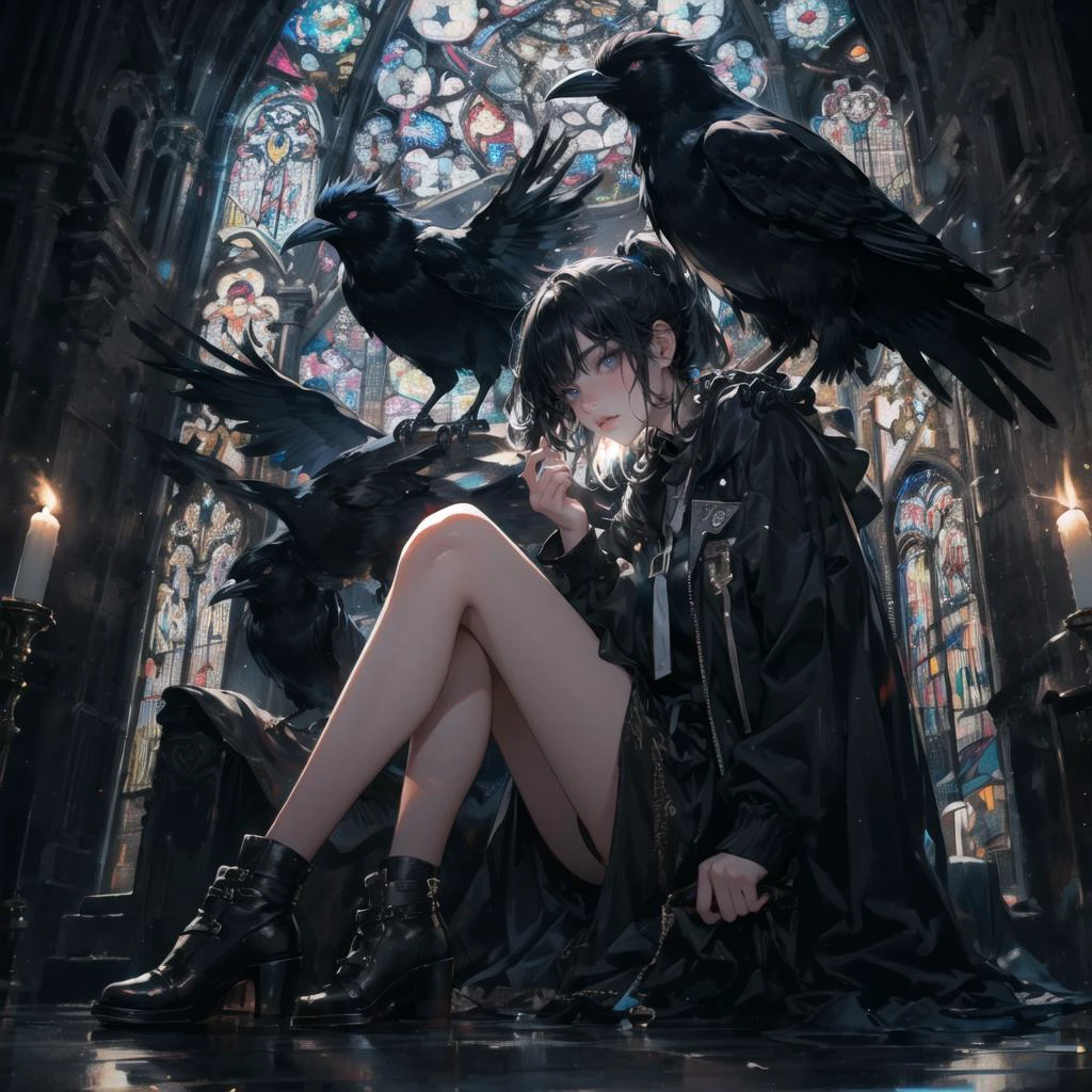 masterpiece,best quality,ultra-detailed,hallyu in the dark, in the style of synthetism-inspired, hallyu, raw and edgy, made of mist, oshare kei, 1girl,solo,crow,<lora:mdya:0.7>,full body,,report leg,dark style,black theme,black hair,black clothes,sitting, girl peeking out of the stained glass,Bright multicolored sparkling stained glass,ponytail, blue eyes,ruins, church, huge church,sunbeam,candle light, natural gradation,cathedral stained glass, backlit,(lips,realistice), <lora:tareme_gen2:-0.7>, <lora:0a0a-gka26:-0.5>,(stink eye:0.5), <lora:lfaceage:-0.5>