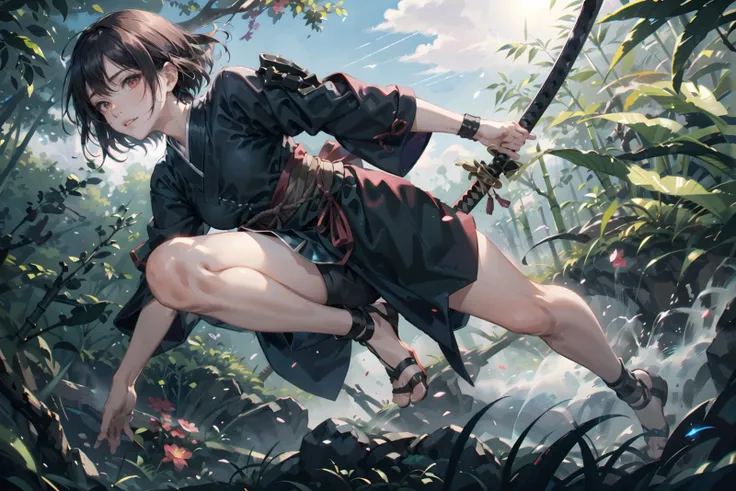 masterpiece, high resolution, detailed, masterpiece, (beautiful background, detailed background), top quality, 8k, (detailed and structured pattern), in the dark, in the style of synthetism-inspired, hallyu,dynamic angle ,
,1 girl,ninja, ninja_clothes, mask, armor, ninja_girl,slender thighs, slender legs,skinny,hips, legs,lips,black short hair,bob cut,bangs ,red eyes,(realistic:0.8),<lora:tareme_gen2:-0.7>,<lora:0a0a-gka26:-0.5> ,
focus on character, solo,, solo, detailed face,sexy, cute,holding, katana, katana,holding hilt of japanese sword ,(set in Bamboo Grove, Serene glade with towering bamboo stalks, dappled sunlight filtering through the dense foliage, a winding pathway leading deeper into the forest,)
(motion lines, motion blur, dynamic angle, wind lift:1.3),running,line effect, <lora:ninjagirl:0.6>,(jumping, floating, flying, in sky:1.5),line effect,