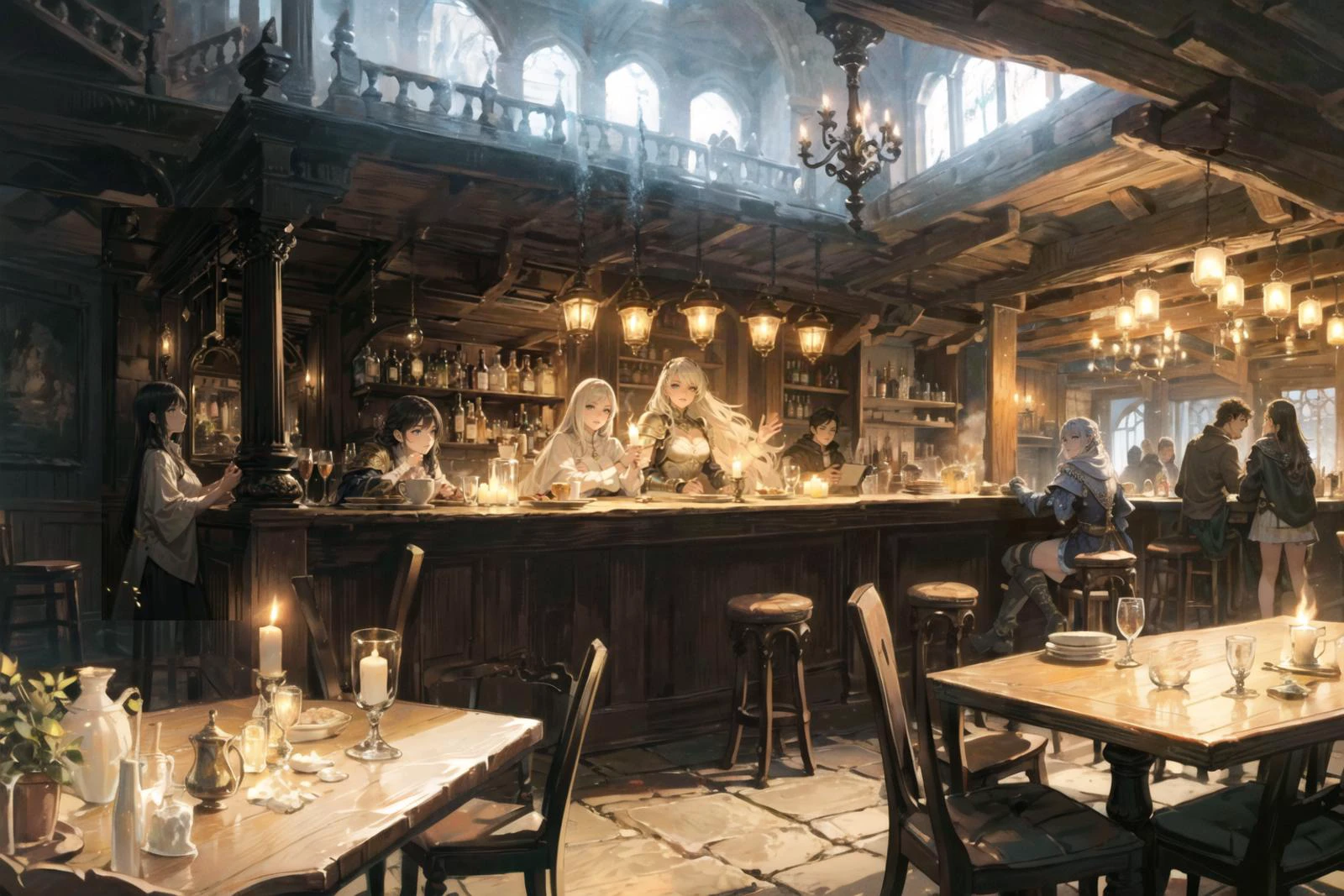 masterpiece,best quality,ultra-detailed,hallyu, in the dark,8k, (detailed and structured pattern),a group of adventurers sitting together at a long table in a medieval tavern, round tables, chairs, candles, a steadfast and audacious female warrior captivates with her luminous light blue glowing eyes. Draped in an intricately crafted armor adorned with opulent icy gem stones, smoke in the air, bar, fireplace, stairs leading up, shields on the wall, ((perfect hands)), perfect faces, FanTav, <lora:FantasyTavern:0.7>, epiCPhoto<lora:tareme_gen2:-0.7>, <lora:0a0a-gka26:-0.5>,(stink eye:0.5), <lora:AS_fantsyMIX73A:1>,