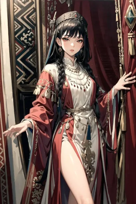masterpiece, best qualit,ihighly detailed,ultra-detailed, ornate clothes, n the style of synthetism-inspired, hallyu, raw and edgy, (Detailed and structured patterns),1lady is Fashion Model,(black hair:1.3),frenchbraid hair.red eyes, (slender thighs, slender legs), ,on stage,in Fashion show venue,(centralasia:1.3),ring, robe, solo,( traditional clothes:1.3), hair ornament,( earrings, necklace:1.3), (hooded cloak:0.7), (Adras, in Uzbekistan:1.3).wide shot, <lora:centralasia:1.3>,
looking at viewer, standing, (lips,realistice), <lora:tareme_gen2:-0.7>, <lora:0a0a-gka26:-0.5>,(stink eye:0.5), ,,runway, walking gracefully,