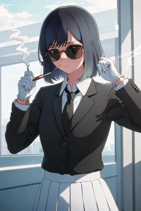 best quality, masterpiece, highres, solo, {black business suit:1.40}, {tie:1.20}, {sunglasses:1.25}, {white gloves:1.15}, {white shirt:1.10}, {black skirt:1.15}, {smoking:1.20}, handsome, {kurokawa_akane_oshinoko:1.15}, bangs, short_hair, blue_hair, green_eyes, closed_mouth, black_hair, medium_hair