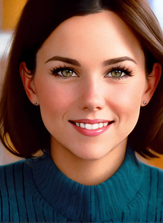 photo of brunette (LorelaiGilmore:0.99) sitting at a table with a cup of coffee and a plate of food in front of her smiling at the camera, detailed face, realistic skin, high quality, blue eyes