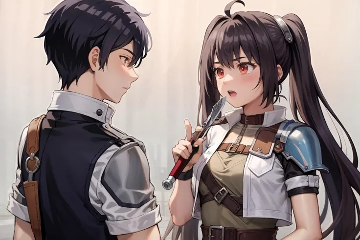 masterpiece, best quality,,1boy,1girl, holding, holding weapon, boy take knife,girl take club,(kbxll:0.6)