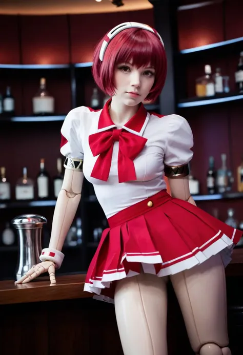(score_9,score_8_up,score_7_up,score_6_up,score_5_up),1girl, solo, dorothy haze, robot joints, short hair, android, bow, puffy sleeves, looking at viewer, standing, bowtie, red skirt, puffy short sleeves, closed mouth, medium breast, petite, pleated skirt, medium breasts, plaid skirt, bar \(place\), night, <lora:VA-11 Hall-A-xl-blend:1>