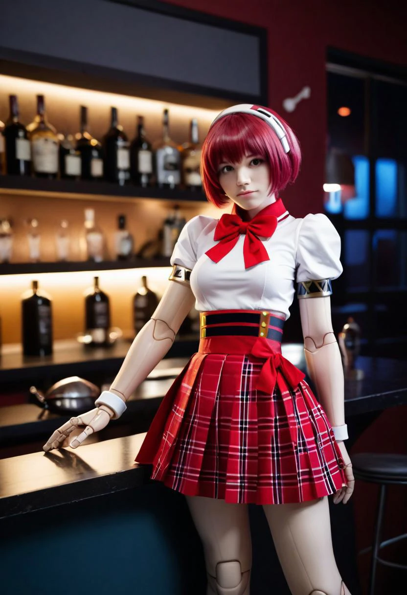 (score_9,score_8_up,score_7_up,score_6_up,score_5_up),1girl, solo, dorothy haze, robot joints, short hair, android, bow, puffy sleeves, looking at viewer, standing, bowtie, red skirt, puffy short sleeves, closed mouth, medium breast, petite, pleated skirt, medium breasts, plaid skirt, bar \(place\), night, <lora:VA-11 Hall-A-xl-blend:1>