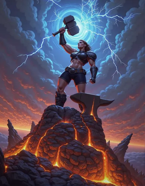 Atop a towering, lava-covered mountain, a titanic, muscular woman stands, towering over the landscape. In one hand, she holds a massive, glowing hammer high above her head, while her other hand points directly at a colossal anvil beneath her. Her face is fierce with determination, eyes blazing with focus. Red-hot flames and crackling blue lightning swirl around the hammer, gathering energy for the impending strike. She wears a blacksmiths outfit with metal armor elements.
Lava flows at her feet, casting an orange glow as she stands tall, her immense form dwarfing the mountain peak. The air crackles with raw power, as fire and lightning coil around the hammerhead, poised for the earth-shattering blow. The cosmic-industrial sky looms behind her, bathed in the red, yellow, and blue light of the swirling energies, as she embodies the titanic force of creation.