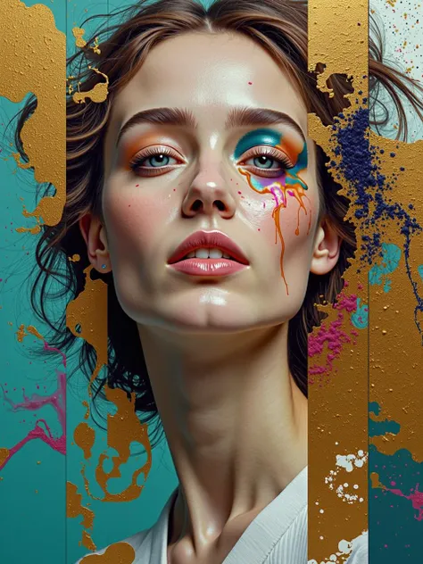 A modern abstract portrait of a woman, her face fragmented into geometric shapes and vibrant colors. Her expression is calm, almost enigmatic, with splashes of gold and turquoise creating a fluid, almost liquid effect. Behind her, a backdrop of swirling patterns and textures hints at a deeper emotional story.