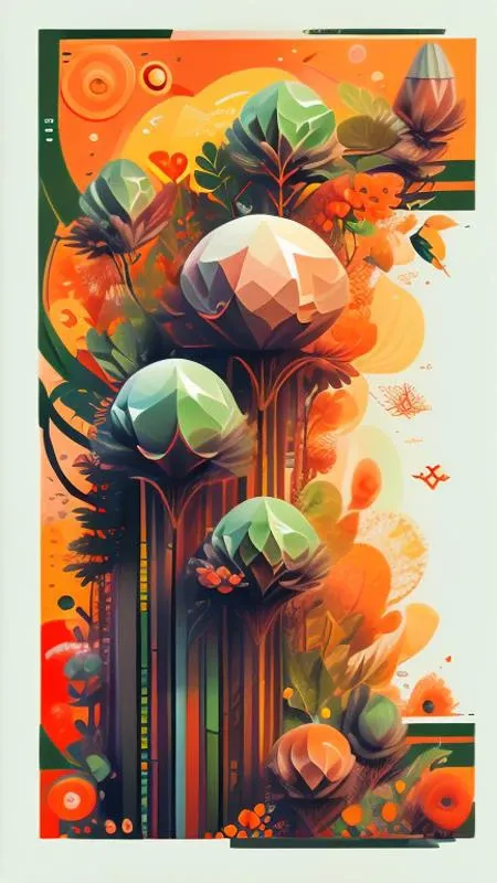 Create flat design in an nature-inspired style and detailed illustration mainly in deep reds, white and health greens tones. It consists of various geometric elements such as tubes, ovals and tiny rectangles shapes. These shapes are arranged in a detailed manner, creating a frame to frame composition.