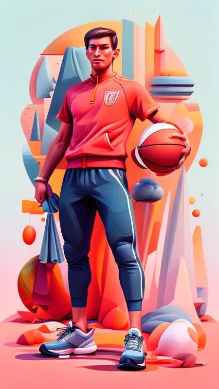 Create a flat design of illustrations with 3d shapes in background, vibrant hues color palette, in minimalist style, and sports elements as decorative items.