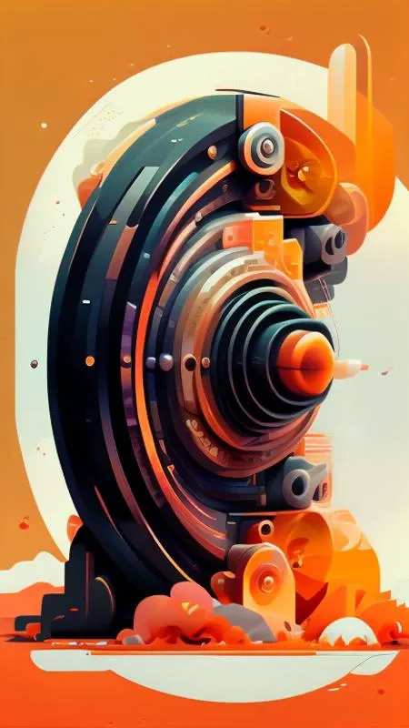 Create flat design in an novel illustration style and detailed illustration mainly in warm, black and orange tones. It consists of various geometric elements such as straight lines, semi-circles and 3d shapes. These shapes are arranged in a detailed manner, creating a diagonal composition.