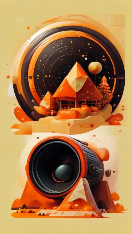 Create flat design in an novel illustration style and detailed illustration mainly in warm, black and orange tones. It consists of various geometric elements such as straight lines, semi-circles and 3d shapes. These shapes are arranged in a detailed manner, creating a diagonal composition.