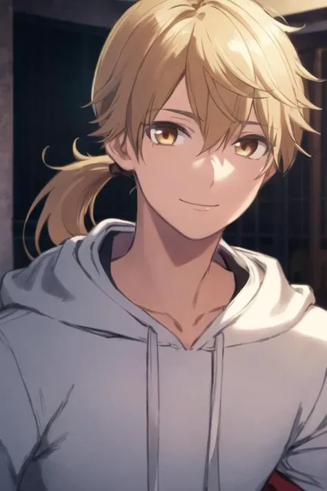 masterpiece, best quality, high quality, 1boy, solo, male focus, looking at viewer, upper body, <lora:ashura_kokuhou:0.66>, ashura_kokuhou, brown eyes, blonde hair, ponytail, realistic, hoodie