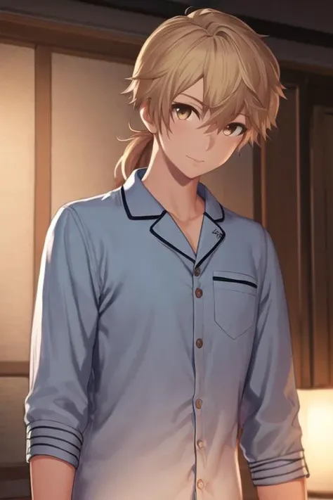 masterpiece, best quality, high quality, 1boy, solo, male focus, looking at viewer, upper body, <lora:ashura_kokuhou:0.70>, ashura_kokuhou, brown eyes, blonde hair, ponytail, realistic, pajamas