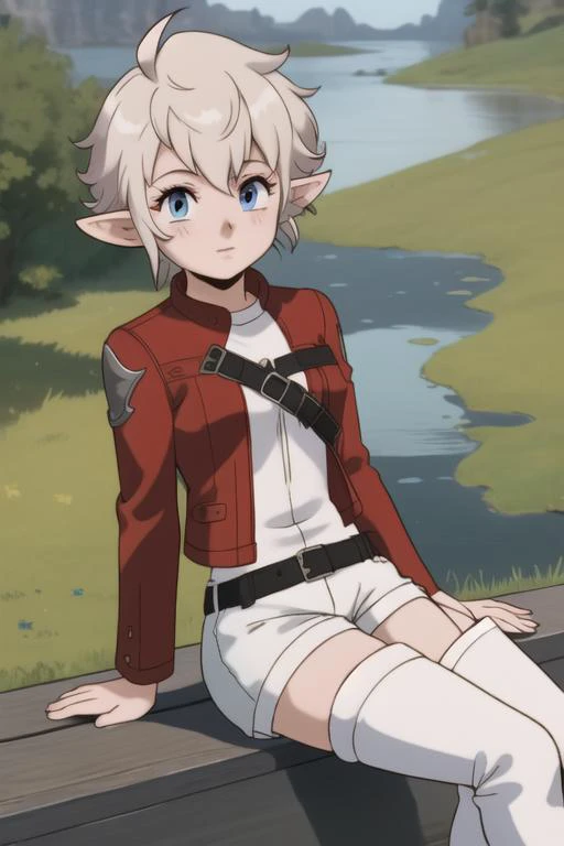 <lora:gsc-style:1> 1girl, solo, masterpiece; looking at viewer; <lora:AlisaieLeveilleurFinalFantasy6:1> alisaie leveilleur (final fantasy), alisaie, red jacket, white shorts, white thigh high boots