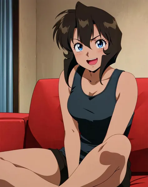 rally vincent, girl, short hair, black hair, bangs, sidelocks, blue eyes, (dark-skinned female:1.2), looking at viewer, breasts, black tank top, sitting on sofa, :D, looking at viewer, blushing, living room <lora:gsc-style:.9>