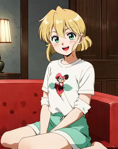 minnie may, girl, short hair, blonde hair, bangs, green eyes, looking at viewer, white shirt, sitting on sofa, :D, looking at viewer, blushing, living room <lora:gsc-style:.9>