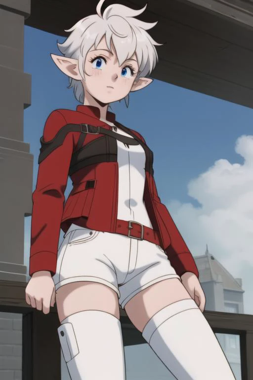 <lora:gsc-style:1> 1girl, solo, masterpiece; looking at viewer; <lora:AlisaieLeveilleurFinalFantasy6:1> alisaie leveilleur (final fantasy), alisaie, red jacket, white shorts, white thigh high boots