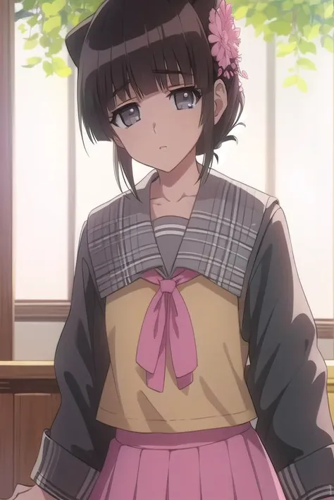suikayama, <lyco:suikayama-lyco-nochekaiser:1>, 
sui kayama, (grey eyes:1.5), brown hair, bangs, blunt bangs, hime cut, short hair,
BREAK serafuku, yellow shirt, pink sailor collar, ribbon, pink ribbon, black skirt, miniskirt,
BREAK looking at viewer,
BREAK outdoors,
BREAK <lyco:GoodHands-beta2:1>, (masterpiece:1.2), best quality, high resolution, unity 8k wallpaper, (illustration:0.8), (beautiful detailed eyes:1.6), extremely detailed face, perfect lighting, extremely detailed CG, (perfect hands, perfect anatomy),