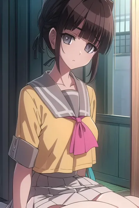 suikayama, <lyco:suikayama-lyco-nochekaiser:1>, 
sui kayama, (grey eyes:1.5), brown hair, bangs, blunt bangs, hime cut, short hair,
BREAK serafuku, yellow shirt, pink sailor collar, ribbon, pink ribbon, black skirt, miniskirt,
BREAK looking at viewer,
BREAK outdoors,
BREAK <lyco:GoodHands-beta2:1>, (masterpiece:1.2), best quality, high resolution, unity 8k wallpaper, (illustration:0.8), (beautiful detailed eyes:1.6), extremely detailed face, perfect lighting, extremely detailed CG, (perfect hands, perfect anatomy),