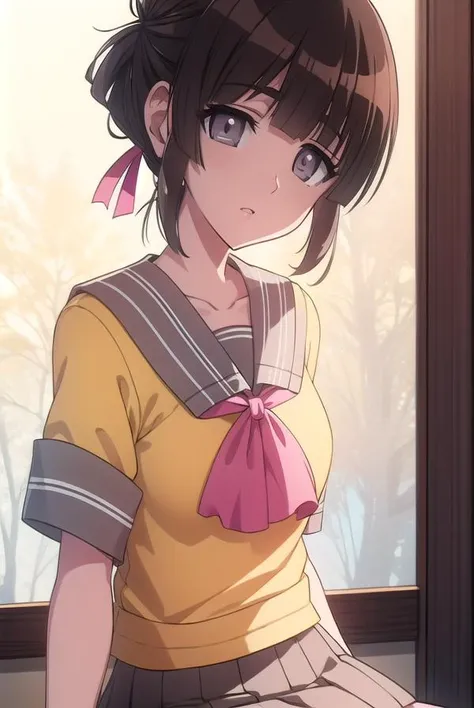 suikayama, <lyco:suikayama-lyco-nochekaiser:1>,
sui kayama, (grey eyes:1.5), brown hair, bangs, blunt bangs, hime cut, short hair,
BREAK serafuku, yellow shirt, pink sailor collar, ribbon, pink ribbon, black skirt, miniskirt,
BREAK looking at viewer,
BREAK outdoors,
BREAK <lyco:GoodHands-beta2:1>, (masterpiece:1.2), best quality, high resolution, unity 8k wallpaper, (illustration:0.8), (beautiful detailed eyes:1.6), extremely detailed face, perfect lighting, extremely detailed CG, (perfect hands, perfect anatomy),