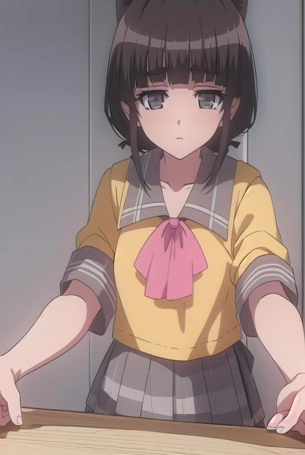 suikayama, <lyco:suikayama-lyco-nochekaiser:1>, 
sui kayama, (grey eyes:1.5), brown hair, bangs, blunt bangs, hime cut, short hair,
BREAK serafuku, yellow shirt, pink sailor collar, ribbon, pink ribbon, black skirt, miniskirt,
BREAK looking at viewer,
BREAK outdoors,
BREAK <lyco:GoodHands-beta2:1>, (masterpiece:1.2), best quality, high resolution, unity 8k wallpaper, (illustration:0.8), (beautiful detailed eyes:1.6), extremely detailed face, perfect lighting, extremely detailed CG, (perfect hands, perfect anatomy),