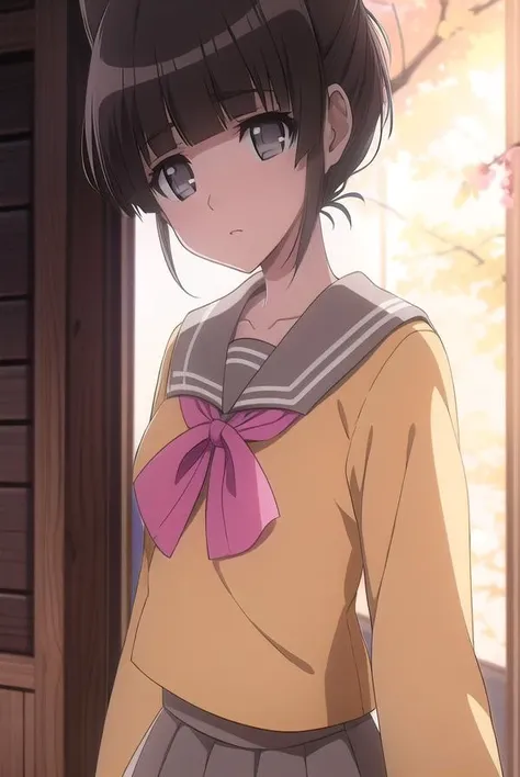 suikayama, <lyco:suikayama-lyco-nochekaiser:1>,
sui kayama, (grey eyes:1.5), brown hair, bangs, blunt bangs, hime cut, short hair,
BREAK serafuku, yellow shirt, pink sailor collar, ribbon, pink ribbon, black skirt, miniskirt,
BREAK looking at viewer,
BREAK outdoors,
BREAK <lyco:GoodHands-beta2:1>, (masterpiece:1.2), best quality, high resolution, unity 8k wallpaper, (illustration:0.8), (beautiful detailed eyes:1.6), extremely detailed face, perfect lighting, extremely detailed CG, (perfect hands, perfect anatomy),