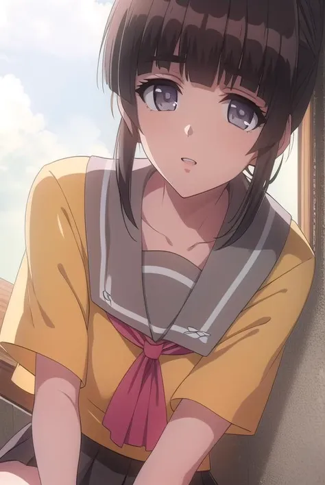 suikayama, <lyco:suikayama-lyco-nochekaiser:1>,
sui kayama, (grey eyes:1.5), brown hair, bangs, blunt bangs, hime cut, short hair,
BREAK serafuku, yellow shirt, pink sailor collar, ribbon, pink ribbon, black skirt, miniskirt,
BREAK looking at viewer,
BREAK outdoors,
BREAK <lyco:GoodHands-beta2:1>, (masterpiece:1.2), best quality, high resolution, unity 8k wallpaper, (illustration:0.8), (beautiful detailed eyes:1.6), extremely detailed face, perfect lighting, extremely detailed CG, (perfect hands, perfect anatomy),