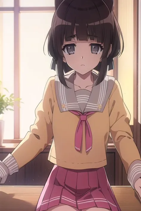 suikayama, <lyco:suikayama-lyco-nochekaiser:1>, 
sui kayama, (grey eyes:1.5), brown hair, bangs, blunt bangs, hime cut, short hair,
BREAK serafuku, yellow shirt, pink sailor collar, ribbon, pink ribbon, black skirt, miniskirt,
BREAK looking at viewer,
BREAK outdoors,
BREAK <lyco:GoodHands-beta2:1>, (masterpiece:1.2), best quality, high resolution, unity 8k wallpaper, (illustration:0.8), (beautiful detailed eyes:1.6), extremely detailed face, perfect lighting, extremely detailed CG, (perfect hands, perfect anatomy),