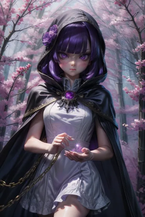 best quality, masterpiece, highres, detailed, digital artwork, <lora:Detail - add_detail:0.2>, FernF, white dress, black cloak, purple hair, purple eyes, blunt bangs, magic, sparkles, <lora:Character - FernF:0.8>, pout, forest, <lora:detail_slider_v4:1> <lora:hairdetailer:0.6>