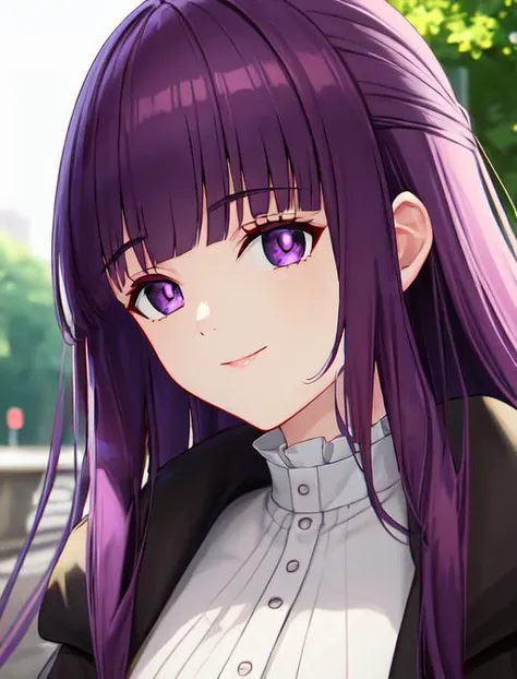 best quality, masterpiece, highres, detailed, digital artwork, <lora:Detail - add_detail:0.2>, FernF, white dress, black cloak, purple hair, blunt bangs, outdoors, close-up, park, light smile, <lora:Character - FernF:0.8>,