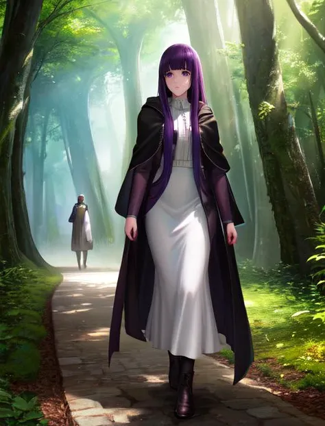 best quality, masterpiece, highres, detailed, digital artwork, <lora:Detail - add_detail:0.2>, FernF, white dress, black cloak, purple hair, blunt bangs, outdoors, walking, fantasy journey, <lora:Character - FernF:0.8>,