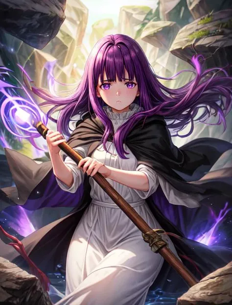 best quality, masterpiece, highres, detailed, digital artwork, <lora:Detail - add_detail:0.2>, FernF, white dress, black cloak, purple hair, purple eyes, blunt bangs, glowing, magic energy, floating, floating rocks, 1girl floating in the midst of rocks,   <lora:Character - FernF:0.8>, pout, upset, outdoors, holding staff, long wooden staff,