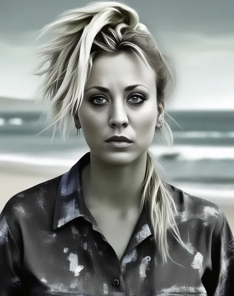 KaleyCuoco, art by Peter Holme III, portrait, dense beach,close up of a Stressed Capricious Futuristic Girl, Tailor, at Bristol, [mountains|flora], Westernpunk, Side lighting, Mono Color, <lora:KaleyCuocoSDXL:1>