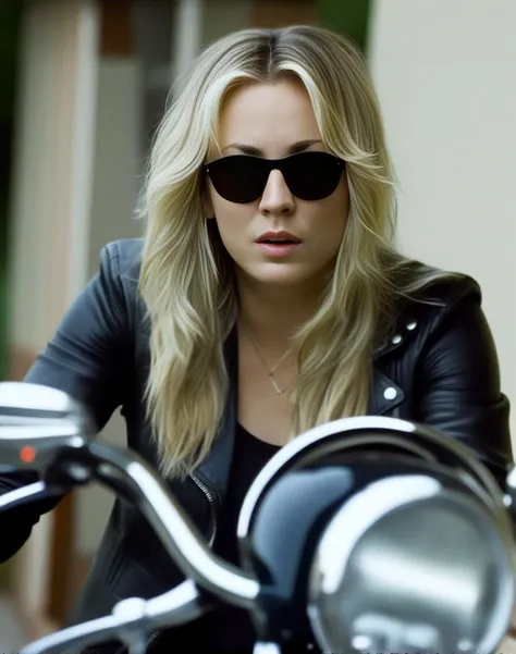 KaleyCuoco,<lora:KaleyCuocoSDXL:1>,age 29, film grain, movie scene snapshot, wearing black tank top, long sleeve black leather jacket and glossy skinny jeans, upper body, close up, wearing sun glasses, (holding sickles in both hand firmly:1.2), the raid 2 promotional movie, looking at viewer, front facing camera, motion blur, depth of field, exceptional detail, detailed skin textures
