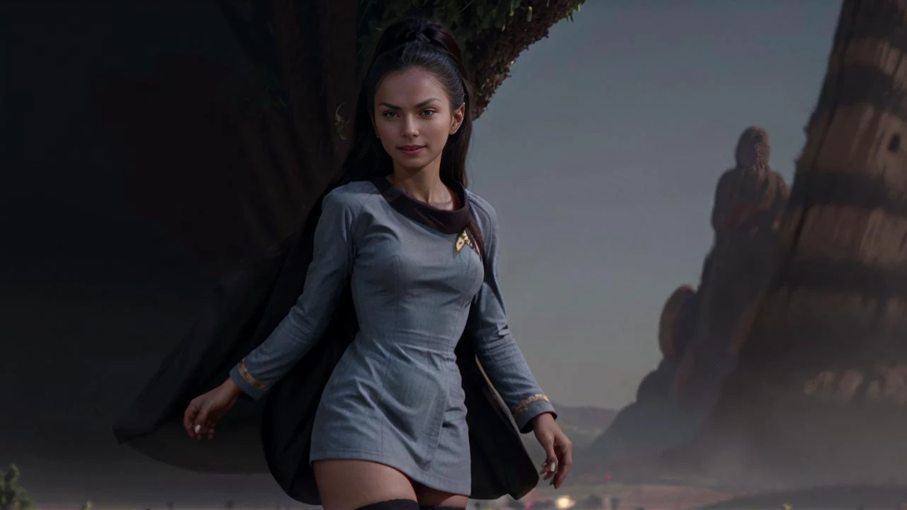 (sience fiction scene: DV_Blue_Vicious walking in a high-tech colledge garden on an alien planet), bright daylight, (blue dust:1.1), spaceport, high-tech buildings in background, 
(detailed skin, narrow waist, pointed breasts),
(pointed ears, pointed eyebrows:1.4), 
1960s hair style, 
(long tangled wavy disheveled hair:1.2),
((short:1.1) (blue:1.2) startrektos dress:1.4), (dress lift:1.1),
(lace fishnet thighhighs:1.1), black boots, 
deep cleavage, 
eyes open, heavy breathing, smile, 
masterpice, award winning, film grain, (photorealistic:1.2), 16k, UHD, cinematic shadows, best quality, ultra highres, hyperrealistic, (Perfect Hands:1.1), rim light, god rays, full body, 
<lora:GodPussy1 v4:0.4>,, <lora:add_detail:0.5>, <lora:1.5_perfect hands:0.6>, <lora:hair_length_slider_v1:2>, <lora:skin_tone_slider_v1:2>, 
<lora:TOSV3:1>,
 <lora:race_st_vulcan_512:0.8>,
 <lora:people_count_slider_v1:3>, girls in background