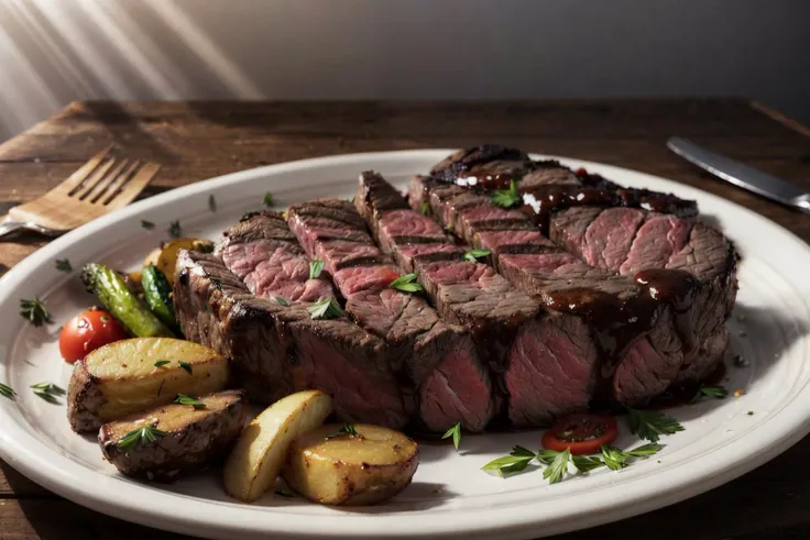 macro photo, shallow depth of field, juicy steak cut in half with fried potatoes and sauce and vegetables, wooden table, blurry background, bloom light effect, god rays, realism, detailed, <lora:add_detail:0.85>