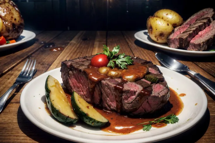 macro photo, shallow depth of field, juicy steak cut in half with fried potatoes and sauce and vegetables, wooden table, blurry background, bloom light effect, god rays, realism, detailed, <lora:add_detail:0.85>