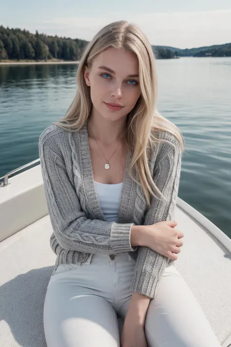 instagram photo high quality, close up of short height scandinavian sexy cute blonde 20yo girl, hazel grey eyes, laying back body facing up, white blazer white pants black sweater, in yacht with lake background, bigger head and short torso, <lora:GodPussy1 v4:0.3>, <lora:breastsizeslideroffset:-0.3>, <lora:skin_tone_slider_v1:-1>