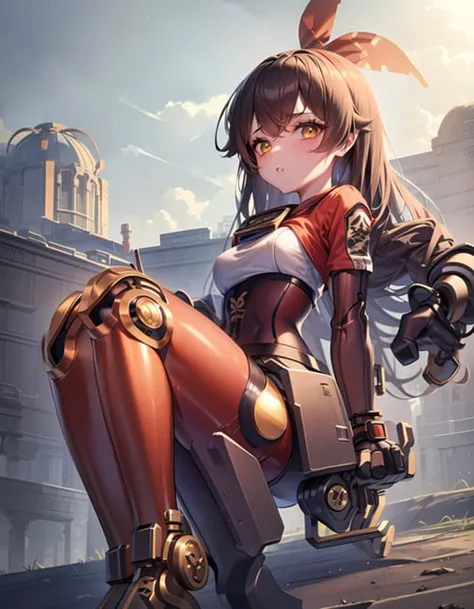 masterpiece, best quality, 8k wallpaper, 1 girl, (full body),(mechanical parts:1.4),(mechanical arms:1.4),(mechanical legs:1.4), skinny, brown hair, brown eyes, red hair ribbon,amber \(genshin impact\),small breasts,looking at viewer, backlighting, soft light, post-apocalypse,<lora:amberGenshinImpact_flexibleV1:1>