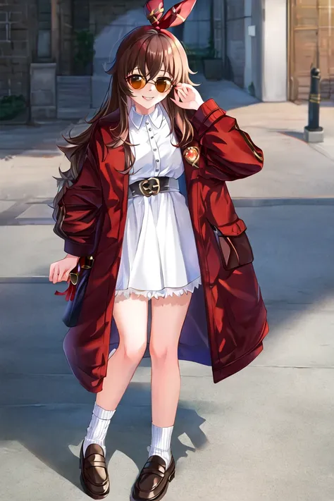 masterpiece, best quality, soft lighting, absurdres, looking at viewer, solo, smile,
amber \(genshin impact\),  brown eyes, brown hair,  red hair ribbon, plaid long coat, loafers, sunglasses, white dress, collar, fashion model, gucci gang, gucci gang, gucci gang, gucci gang,
skindentation, full body, standing, kremlin, depth of field