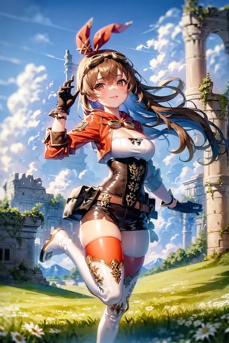 masterpiece, best quality, ultra-detailed, illustration, watercolors, oil paintings, (child:0.9), goggles on head, amber \(genshin impact\), brown eyes, brown hair, long hair, red hair ribbon, brown short shorts, leather gloves, pouch, thighhighs, white boots, medium breasts, cleavage cutout, shrug \(clothing\) full body, standing on one leg, cute, looking at viewer, perfect anatomy, perfect body, pale skin, shiny skin, medium breasts, pov, lip gloss light pink, colorful, lighting, overgrown ruins, mountains, background, detailed, pose, head to toe, happy, solo, standing in a field of daisies, blue sky with white fluffy clouds, sun shining, warm breeze blowing, nature, peaceful, idyllic,