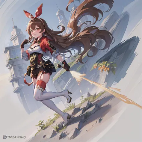 8k,((masterpiece,ultra-detailed, intricate details, mid quality,illustration)),1girl, solo, highres, looking at viewer, long hair, Waves roll, smiling, wearing long White stockings,wearing Short skirt,street, cherry tree, petals falling,sunlight shining through, feminine, beautiful, detailed,wide shot, small breasts,(small tits:1)amber \(genshin impact\), brown eyes, brown hair, long hair, red hair ribbon, brown short shorts, leather gloves, pouch, thighhighs, white boots, medium breasts, cleavage cutout, shrug \(clothing\) <lora:amberGenshinImpact_flexibleV1:1>