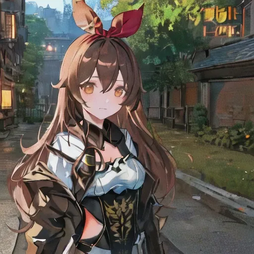 8k,((masterpiece,ultra-detailed, intricate details, mid quality,illustration)), (detailed facial features),( detailed clothes features),( shiny skin), ( slender girl),small breasts, collar,steampunk, night city, empty street,amber \(genshin impact\), brown eyes, brown hair, long hair, red hair ribbon <lora:amberGenshinImpact_flexibleV1:1>