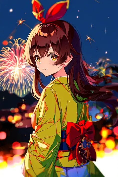 masterpiece, best quality, soft lighting, absurdres, looking at viewer, solo, smile
amber \(genshin impact\), brown eyes, brown hair, long hair, red hair ribbon, kimono,
standing, hands behind back,
ryokan, snow, depth of field, fireworks, night sky